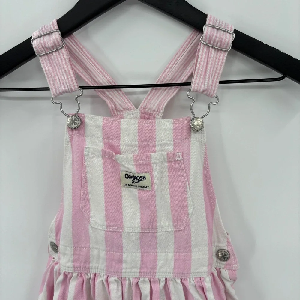 OshKosh B'gosh Overall Dress Kids 5T Pink White Striped Denim Hickory Preppy